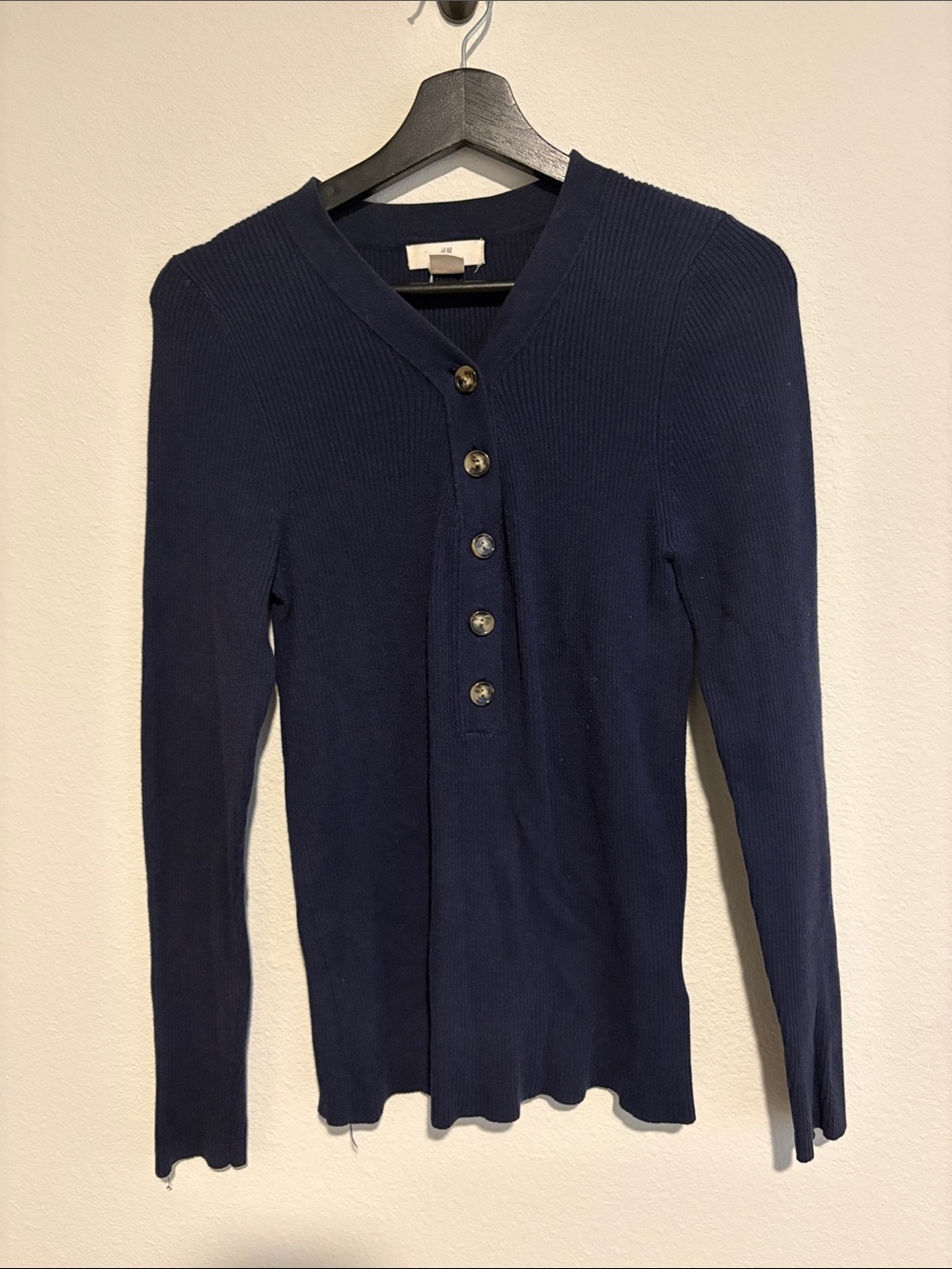 H&M Navy Ribbed Henley Long Sleeve Top